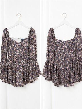 Missguided Lavender Floral Sweetheart Long-Sleeve Mini Dress Romper